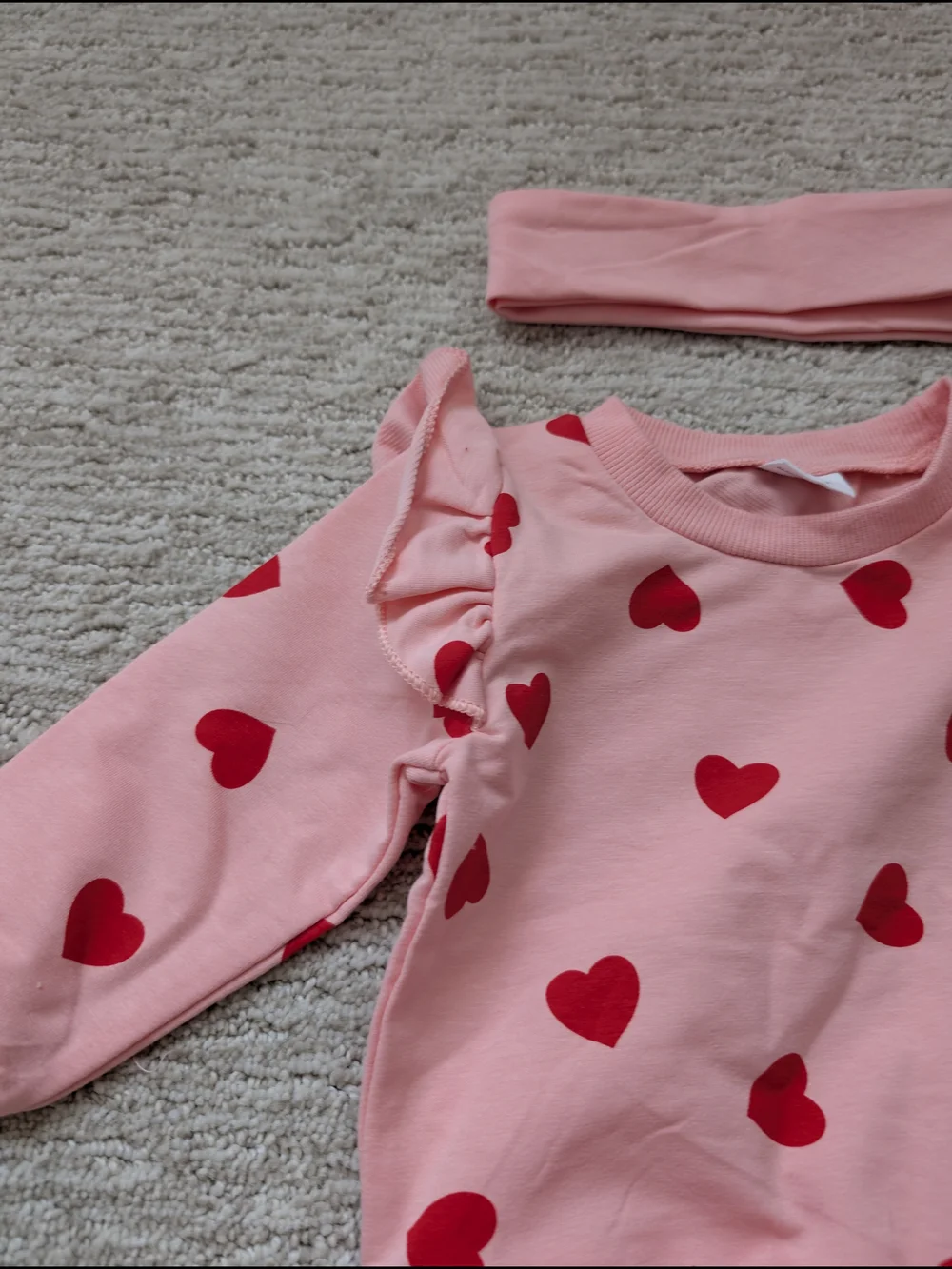 Baby Pink Heart-Print Sweat Suit Set with Headband